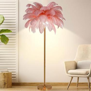 Imagem de Luminária de chão, luminária de pé nórdica, lâmpadas de piso de penas de 160 cm de altura com acabamento dourado e interruptor de pé, lâmpadas de penas reguláveis para quartos e sala de estar