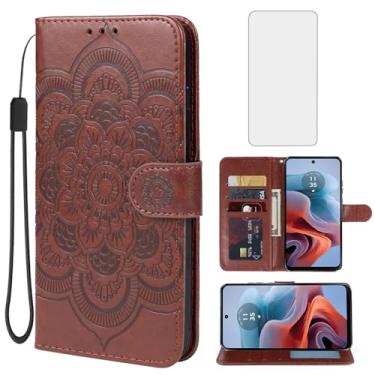 Imagem de Bohefo Capa para Moto G34 5G, capa carteira para Moto G45 5G XT2363-2 com protetor de tela de vidro temperado, capa flip de couro mandala com suporte para cartão de crédito para Motorola Moto G34 5G