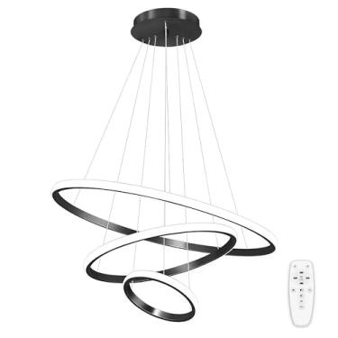Imagem de Luminária Pendente LED Moderna Preta De 3 Anéis, Luminária De Teto Regulável Por Controle Remoto, Luminária Pendente De Embutir Redonda, 3000-6000K