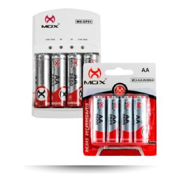 Imagem de Kit Carregador De Pilhas Mox Com 8 Pilhas Aa Recarregáveis 2600 mah