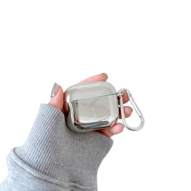 Imagem de Capa de fone de ouvido para AirPods 4, capa prateada de silicone TPU macio, cor sólida prata AirPods 4, capa protetora à prova de choque para fones de ouvido + mosquetão. Superfície brilhante