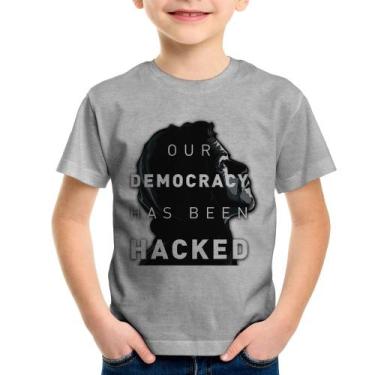 Imagem de Camiseta Infantil Our Democracy Has Been Hacked - Foca na Moda, Cinza,