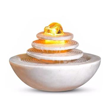 Imagem de Fonte de mesa para área de trabalho Fonte de água de mesa Zen Cascata Feng Shui Cachoeira Decoração de Casa Mesa Centro de Mesa Fonte de Relaxamento Disco de 3 camadas e bacia circular com luzes LED