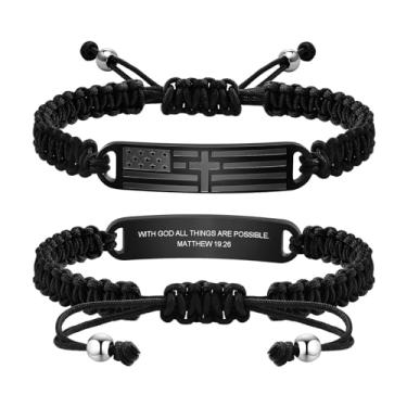 Imagem de TempBeau Pulseira de cruz masculina - corrente de aço inoxidável com versículo bíblico preto com bandeira americana, ideias de presente de aniversário, confirmação de primeira comunhão, batismo,