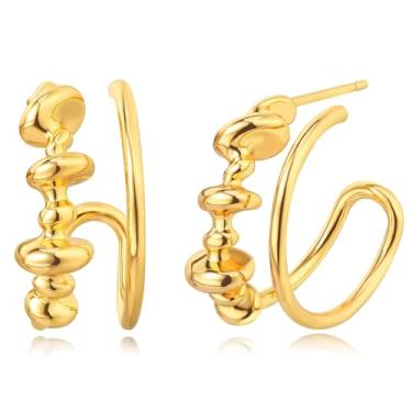 Imagem de BENEIGE Brincos de argola femininos de argola aberta em forma de C banhado a ouro 14 K Boho praia simples delicado feito à mão hipoalergênico diário joias, Latão, Sem pedra preciosa