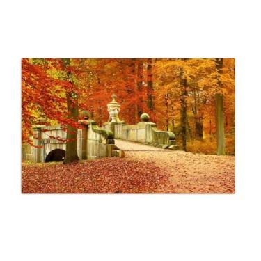 Imagem de JZSDGB Arte de parede em tela de árvore de outono - impressão em tela paisagem - pintura de floresta em tela - ponte no parque arte para decoração de parede 80 x 128 cm (32 x 50 pol) sem moldura