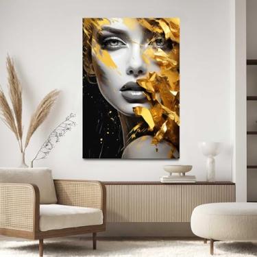 Imagem de Quadro Decorativo para Sala Quarto Hall 90x60 Salão Beleza Mulher Rosto Dourado Luxo