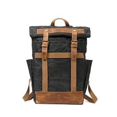 Imagem de Mochila de viagem ao ar livre para homens Bolsa de laptop de grande capacidade Mochila de couro Bolsa de lona vintage(Black)