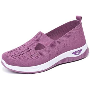 Imagem de Fangsto Tênis De Caminhada Feminino Ortopédico De Malha Tênis De corrida Esportivo Atlético Sapatilhas sem cadarço Confortável Respirável Roxo Claro BR 42