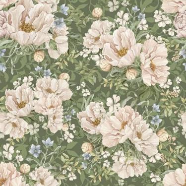 Imagem de VEELIKE Papel de parede floral verde descasque e cole peônias vintage papel de parede mural de parede de flores pré-colado para banheiro de fazenda 43 cm x 38 cm, papel de contato floral verde