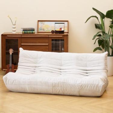 Imagem de N&V Cadeira Fireside, sofá de chão sem braços de meados do século, espreguiçadeira macia de chenille premium, poltrona de sofá de espuma para sala de estar, quarto e escritório (branca, três lugares)