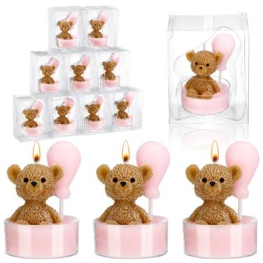 Imagem de MTLEE Conjunto de 20 velas de chá de bebê de urso para convidados, urso de cera de soja com velas em forma de balão a granel para revelação de gênero, presente de festa de chá de bebê (rosa)