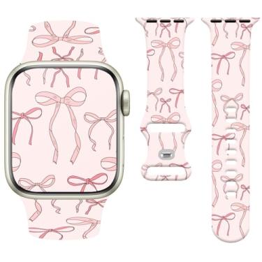 Imagem de Watbro Pulseira de relógio Bowknot compatível com Apple Watch de 38 mm, 40 mm, 41 mm, 42 mm, 44 mm, 45 mm e 49 mm, feminina e masculina, design de pulseira esportiva fofa de silicone macio para Apple