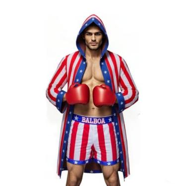 Imagem de COSMAKER Fantasia masculina de cetim adulto de boxe com bandeira americana, balboa, boxer, estrelas e listras, roupão com capuz e shorts, Apollo American Red, GG