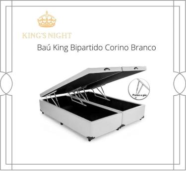 Imagem de Cama Box Baú King Bipartido Corino Branco Com Pistão A Gás