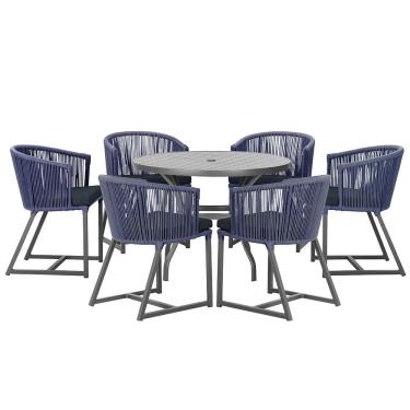 Imagem de Mesa com 6 Cadeiras de Jantar Roma 120cm e Noronha em Alumínio Preto Corda Náutica Estofado 12 Trama Original