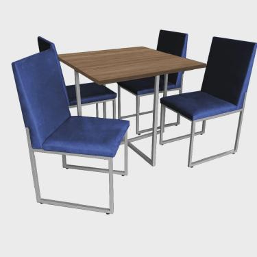 Imagem de Kit Mesa de Jantar Thales com 4 Cadeiras Sttan Ferro Cinza Tampo Freijó Sintético Azul...