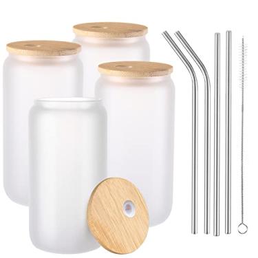 Imagem de Copos para beber com tampas de bambu e canudo de aço inoxidável Conjunto de 4 peças - Copos de vidro reutilizáveis em forma de lata de cerveja de 473 ml, copos de café gelado, copo de copo fofo ideal para coquetel, uísque, refrigerante (fosco)