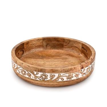 Imagem de BHAVATU Tigela decorativa de madeira de manga redonda esculpida para decoração de casa rústica mesa centro de mesa decoração de festa de casamento (25 x 25 x 6 cm)