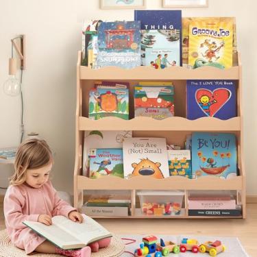Imagem de Himold Estante De Madeira Para Crianças, Estante Para Quartos Infantis Com Bordas Recortadas, Estante Infantil Durável Com 3 Compartimentos Em Cubo Para Livros E Brinquedos - Estante Montessori Par