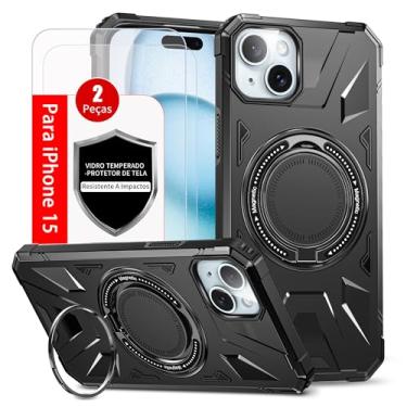 Imagem de Capa Capinha Case Compativel Com iPhone 15 e 2 peças De Vidro Temperado À Prova De Suor Esportivo Suporte Magnético Para Carro Resistente A Quedas à Prova De Choque à Prova De Poeira