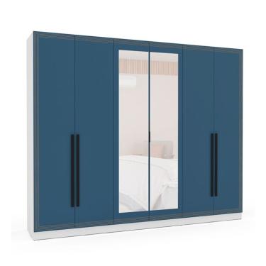 Imagem de Guarda-Roupa Casal com Espelho Valência 6 Portas 4 Gavetas Branco e Azul