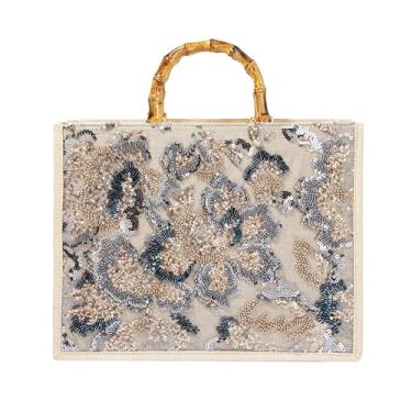 Imagem de Abvokury Bolsa de mão floral bordada com alça de bambu para festa de casamento, Cinza