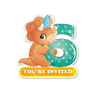 Imagem de Opomzk Convites de festa de 6 anos fofos de dinossauro com envelopes, conjunto de 20 convites de dinossauro, seis formas, convites de festa infantil de sexto aniversário, lembrancinhas de suprimentos