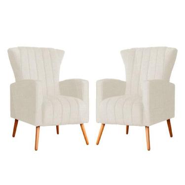 Imagem de Kit 2 Poltronas Decorativa Melinda Linho Bege Pés Madeira Mz Decor - M