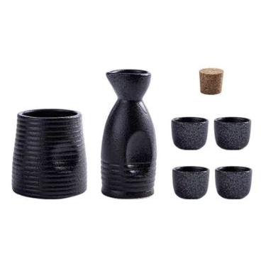 Imagem de Conjunto De Saquê Japonês Garrafa De Saquê De Cerâmica E Copos De Saquê Com Bandeja De Madeira Para Casa Ou Restaurante, 1 Pot 4 Cups 1 Tray(black)