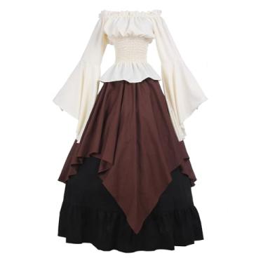 Imagem de ROLECOS Fantasia renascentista feminina camponesa medieval vestido trompete manga vitoriana Ren feir camisa e saia, Coffee, Medium
