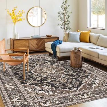 Imagem de Tapete lavável 10 x 15 | Tapete antiderrapante para sala de estar, quartos, sala de jantar | Área de carpete de flanela ultramacia com suporte de borracha (marrom preto, 10 x 15 cm)