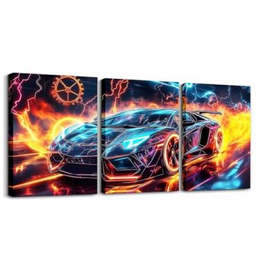 Imagem de Erosebridal Conjunto de 3 arte de parede em tela de carro de corrida de fogo no gelo, azul e preto, para crianças, adolescentes, meninas, decoração de carro de corrida, roda geométrica, laranja, azul