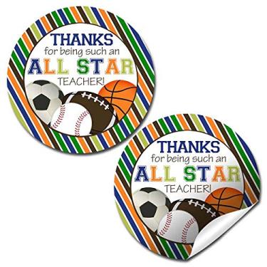 Imagem de Etiquetas adesivas de agradecimento ao professor All Star Teacher Sports com tema de agradecimento, 40 adesivos de círculo de festa de 5 cm da AmandaCreation, ótimo para selos de envelope e sacolas de presente
