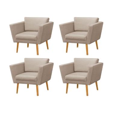 Imagem de Kit 4 Poltronas Retrô Pés Palito Em Madeira Paraty Linho Bege - Bege