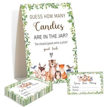 Imagem de Jogos de chá de bebê - Woodland Guess How Many Doces are in The Pote, 1 placa e 50 cartas de adivinhação, jogo de revelação de gênero, suprimentos de decoração de chá de bebê floresta animais (KA02)