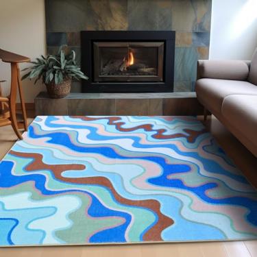 Imagem de Aldopein Tapete vintage abstrato 10 x 15 cm, ultrafino, moderno, estético, colorido, listrado, para sala de estar, lavável, fofo, azul, para cozinha, entrada, quarto, dormitório, berçário