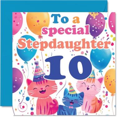 Imagem de Cartão de aniversário de 10th Step Daughter - Cute Cats Special Step Daughter - Cartão de feliz aniversário de 10 anos para madrasta da madrasta, 145 mm x 145 mm, 10 e dez cartões comemorativos para