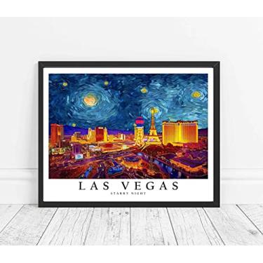 Imagem de Pôster de impressão de arte de Las Vegas, tema de noite estrelada de Van Gogh, decoração de pintura de parede, arte de horizonte de casa para quarto, banheiro, sala de estar 51 (Las Vegas, 20 x 25 cm