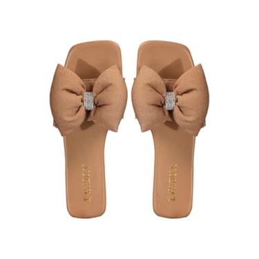 Imagem de OYOANGLE Sandália feminina de strass com laço brilhante e bico aberto, rasteira, sapato elegante, Damasco, 40