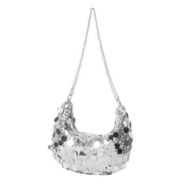 Imagem de MINGSEECESS Bolsa de ombro feminina moderna de lantejoulas com corrente de metal com glitter, Prata, One Size