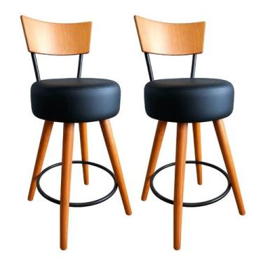 Imagem de Kit 2 Banqueta Alta Cozinha Estofada Preta Com Encosto Madeira Urban -