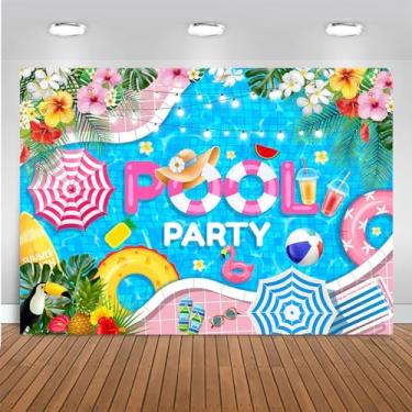 Imagem de Mocsicka Fundo de festa na piscina de verão, bola de praia para crianças, meninas, decorações de festa de aniversário, piscina, flamingo, boia salva-vidas de verão (azul, 2,1 x 1,5 m)