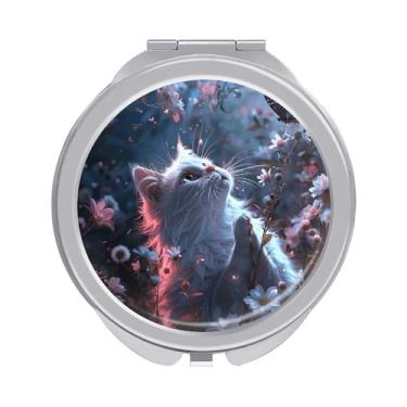 Imagem de LKHDS Espelho de maquiagem de viagem iluminado gato branco em flores compacto espelho dobrável pequeno espelho de viagem espelho de bolso ampliação 1x/2X espelho portátil de maquiagem de viagem para