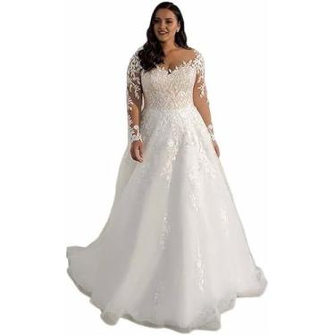 Imagem de Vestido De Noiva De Manga Comprida Simples E Elegante Sem Encosto Trailing Lace Vestido De Noite, White, 44