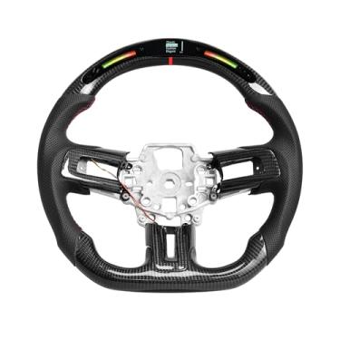 Imagem de EASSAFEX Volante De Fibra Carbono Para Mustang Ecoboost/Gt/Shelby Gt350/Gt350R 2015-2017, Indicador Mudança Marcha Em Led, Display Corrida, Manopla Couro Perfurada Com Fundo Plano Formato D E Acabam