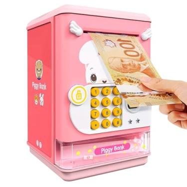 Imagem de Mini Cofre Cofrinho caixa Eletrônico Digital Com Senha Som e Personalização para Notas e Moedas Rosa