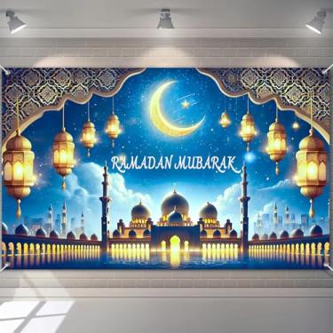 Imagem de BlissYard Faixa Ramadã Mubarak Fundo Eid Islâmico Lanterna Mesquita Azul Lua Crescente Pano de Fundo Festa Muçulmana Pendurado Placa de Poliéster com Ganchos e Corda para Celebração do Ramadã