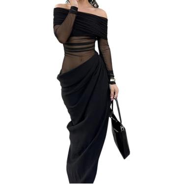 Imagem de Elegante Malha Patchwork Maxi Vestido Para Mulheres Sexy Sheer Off Shoulder Slim Vestido De Festa Outono Moda Manga Comprida Feriados, Black, M