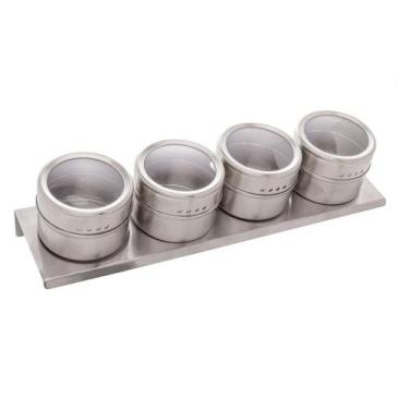 Imagem de Conjunto 4 Porta Temperos Aço Inox Tampa Acrílico e Suporte Lyor